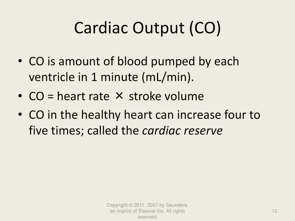 Cardiac Output (CO) CO is amount of blood pumped by each ventricle in 1 minute (mL/min). CO = heart rate × stroke volume.