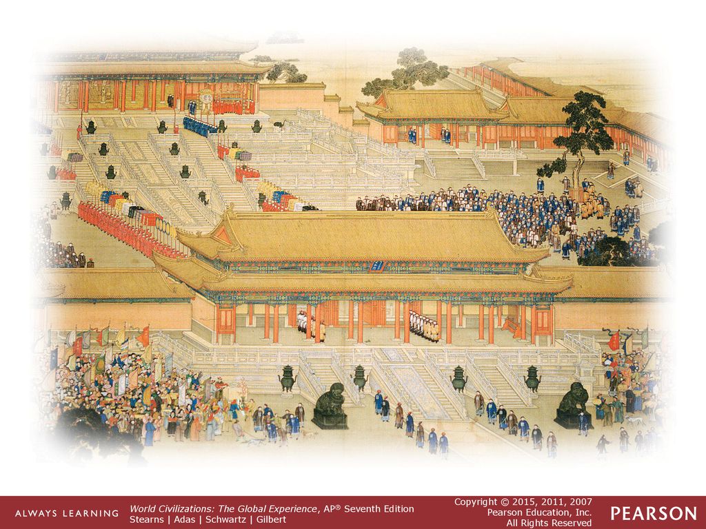 Figure 14.1 At the height of the power and prosperity of the Qing dynasty, the emperor Qianlong, who ruled for more than 60 years, receives tribute from the ten thousand countries in one of his imposing palace complexes. Participation in the tribute ceremony, which had become essential for all countries—including Japan, Korea, and Vietnam—that wished to trade with China, had been established as early as the Tang dynasty in the 7th century C.E.