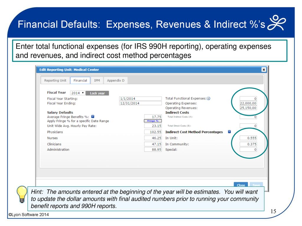 Financial Defaults: Expenses, Revenues & Indirect %’s