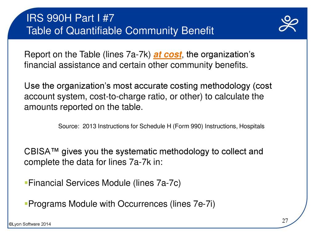 IRS 990H Part I #7 Table of Quantifiable Community Benefit
