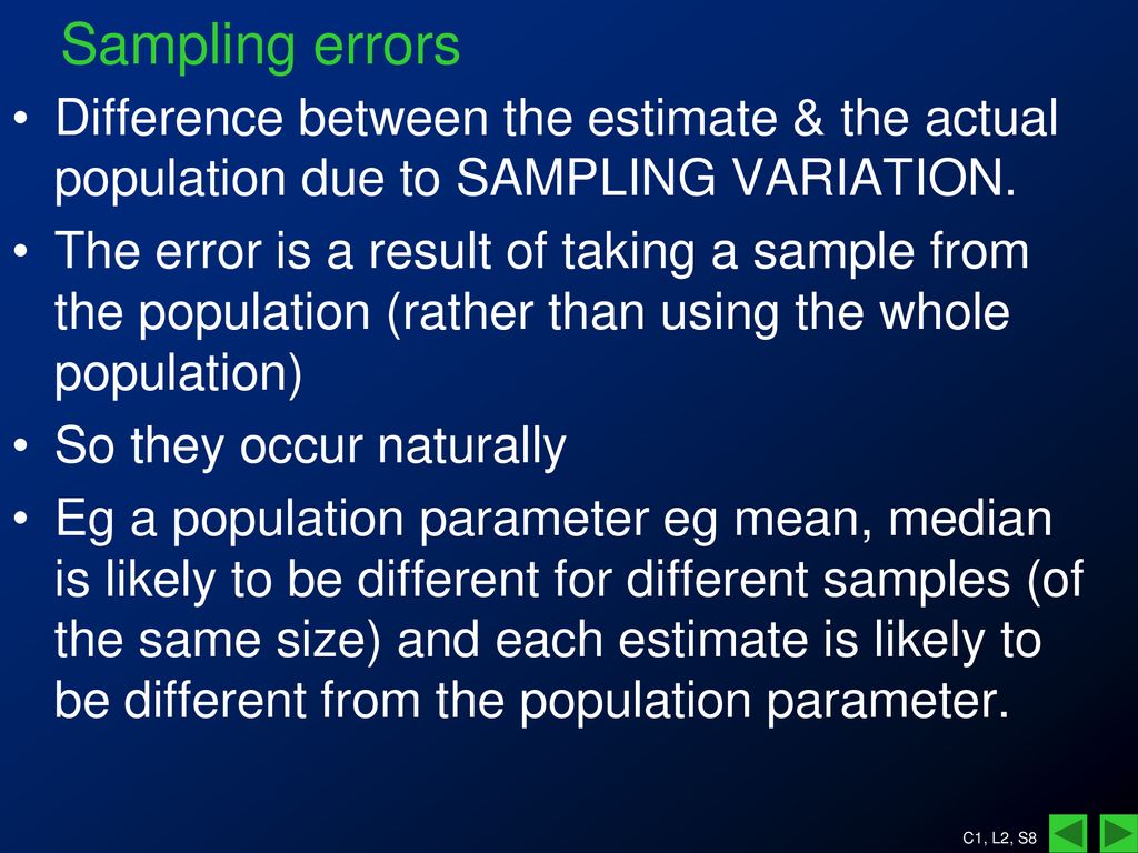 Sampling errors Difference between the estimate & the actual population due to SAMPLING VARIATION.