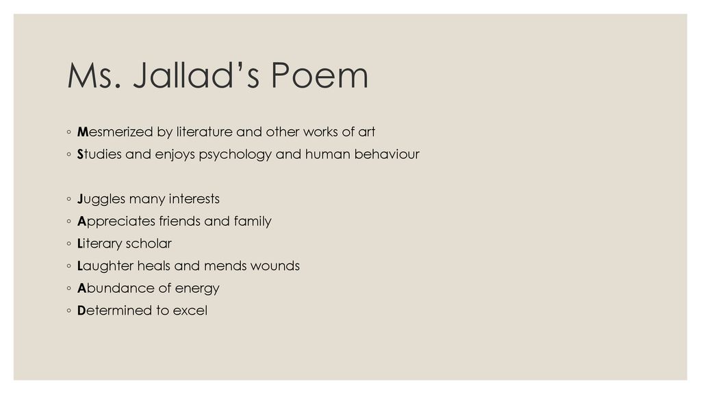 Ms. Jallad’s Poem Mesmerized by literature and other works of art
