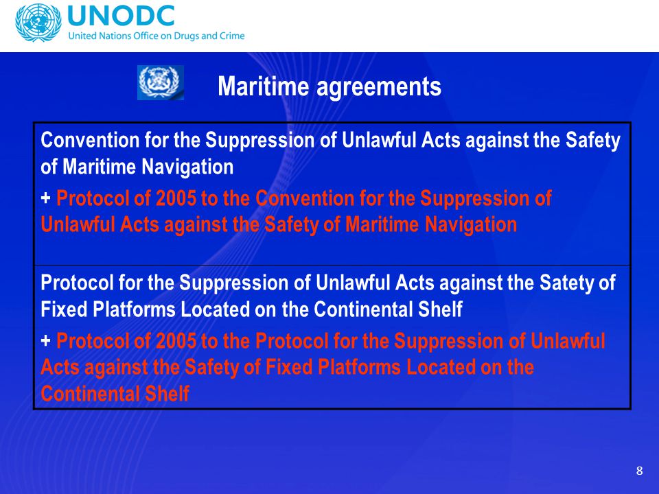 Maritime agreements Convention for the Suppression of Unlawful Acts against the Safety of Maritime Navigation.