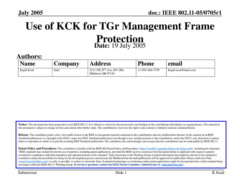 Use of KCK for TGr Management Frame Protection