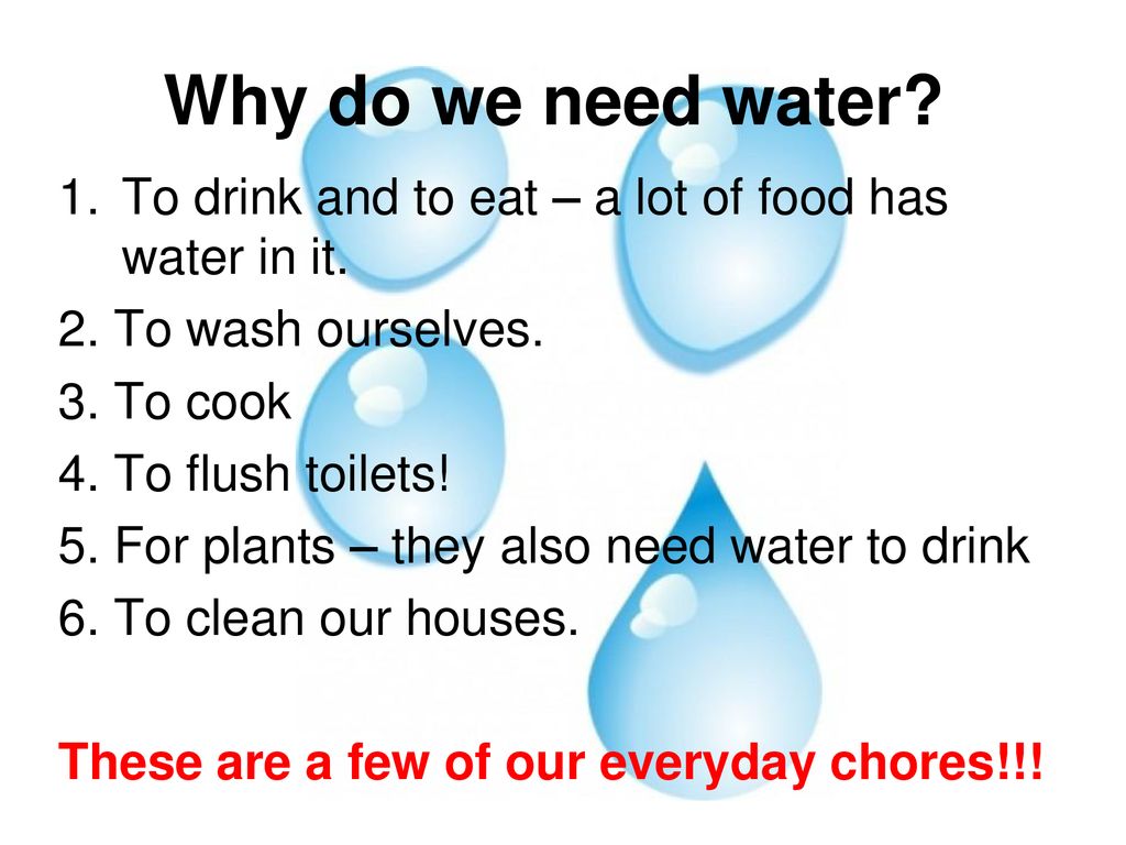 Why do we need water To drink and to eat – a lot of food has water in it. 2. To wash ourselves. 3. To cook.
