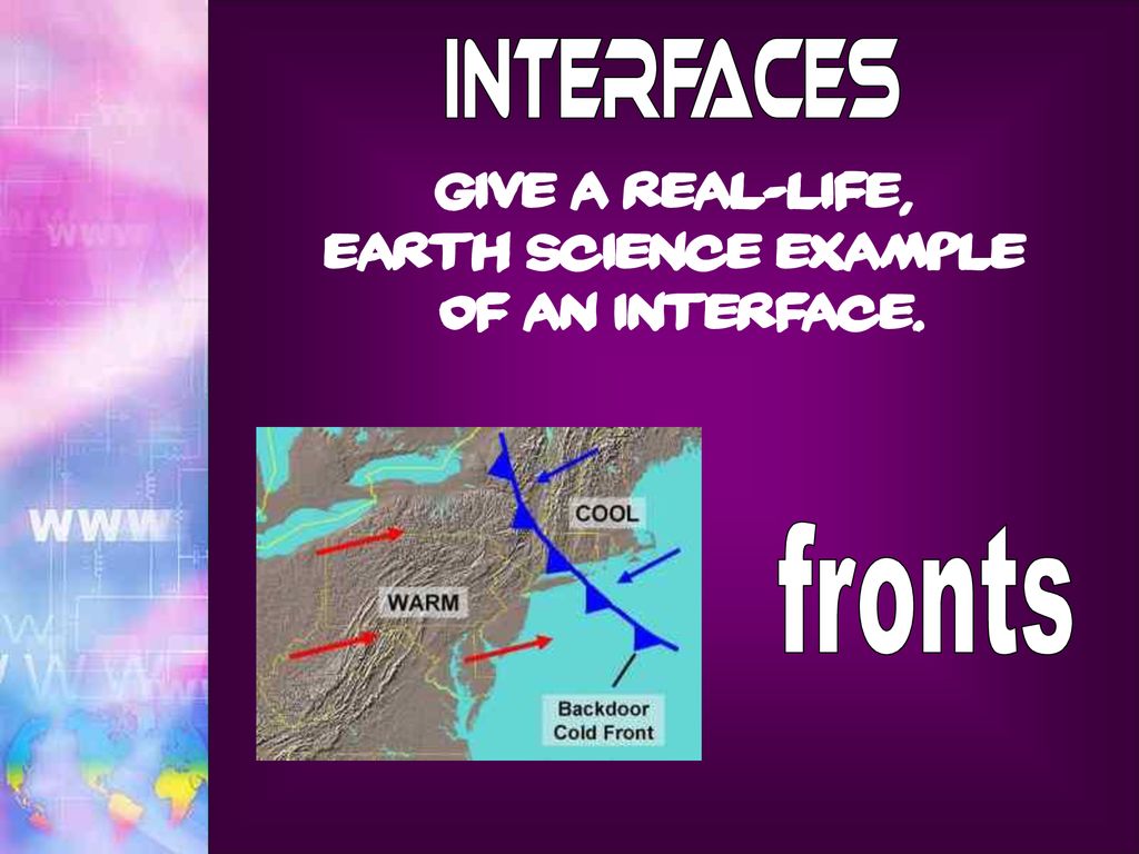 Interfaces fronts Give a real-life, earth science example