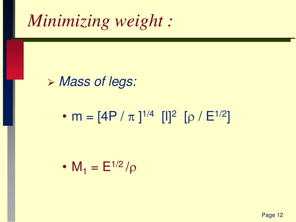 Minimizing weight : Mass of legs: m = [4P / p ]1/4 [l]2 [r / E1/2]