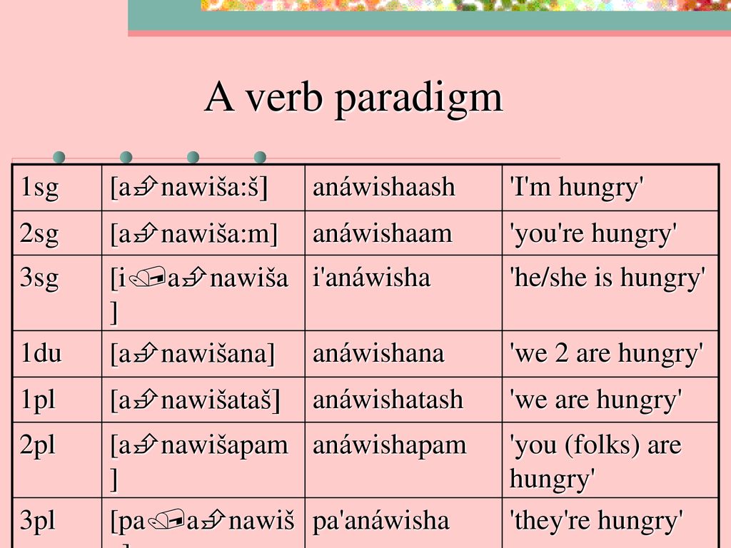 A verb paradigm 1sg [anawiša:š] anáwishaash I m hungry 2sg