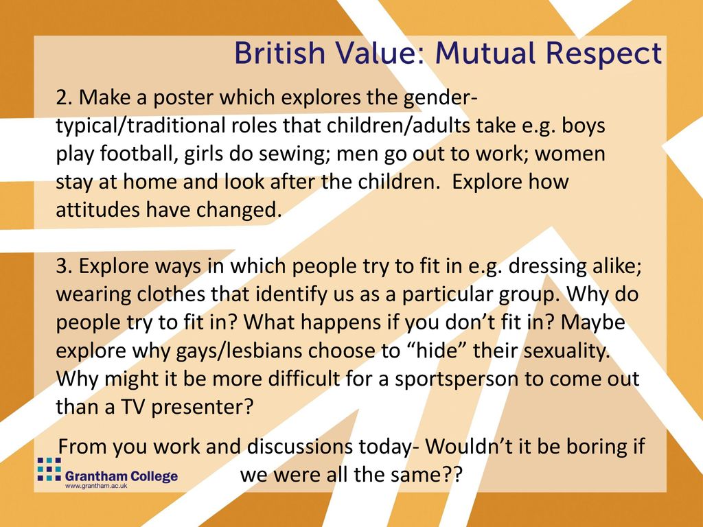 2. Make a poster which explores the gender-typical/traditional roles that children/adults take e.g. boys play football, girls do sewing; men go out to work; women stay at home and look after the children. Explore how attitudes have changed.