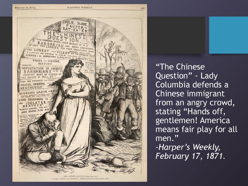 The Chinese Question - Lady Columbia defends a Chinese immigrant from an angry crowd, stating Hands off, gentlemen.
