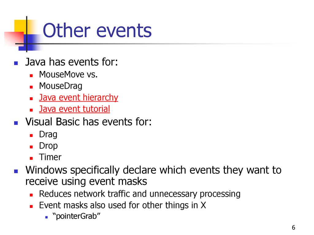 Other events Java has events for: Visual Basic has events for: