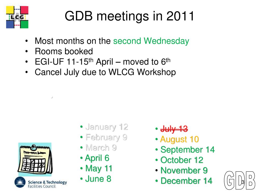 GDB meetings in 2011 Most months on the second Wednesday Rooms booked