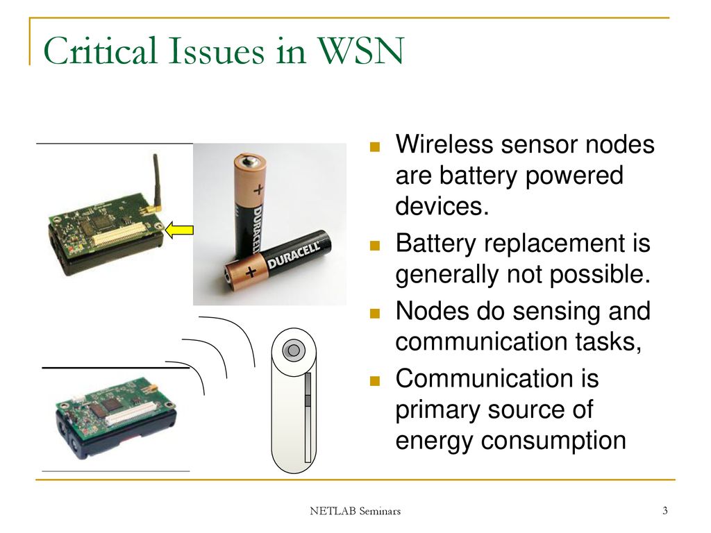 Critical Issues in WSN Wireless sensor nodes are battery powered devices. Battery replacement is generally not possible.