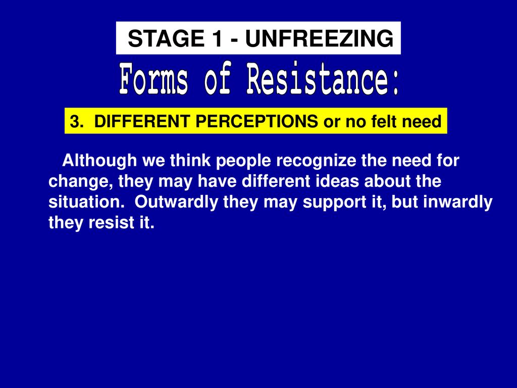 STAGE 1 - UNFREEZING Forms of Resistance: