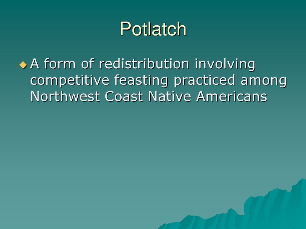 Potlatch A form of redistribution involving competitive feasting practiced among Northwest Coast Native Americans.