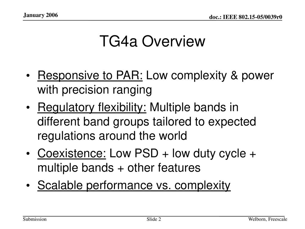 TG4a Overview Responsive to PAR: Low complexity & power with precision ranging.