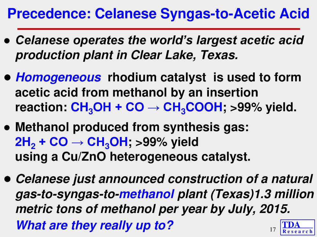Precedence: Celanese Syngas-to-Acetic Acid