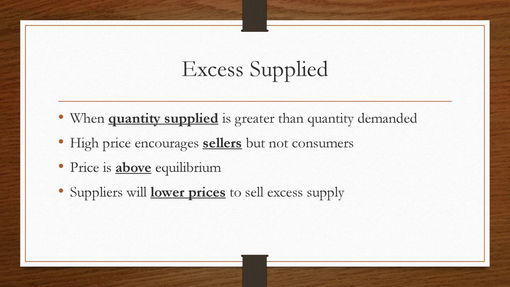 Excess Supplied When quantity supplied is greater than quantity demanded. High price encourages sellers but not consumers.