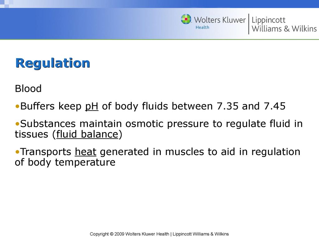 Regulation Blood Buffers keep pH of body fluids between 7.35 and 7.45