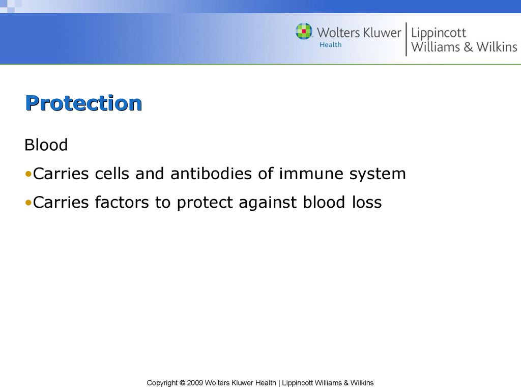 Protection Blood Carries cells and antibodies of immune system