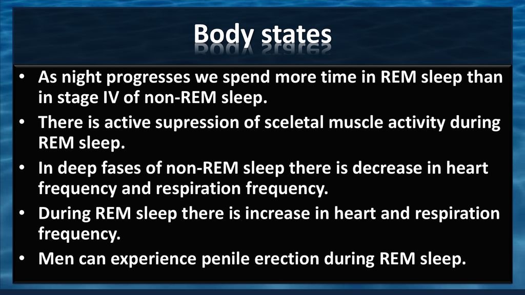 Body states As night progresses we spend more time in REM sleep than in stage IV of non-REM sleep.