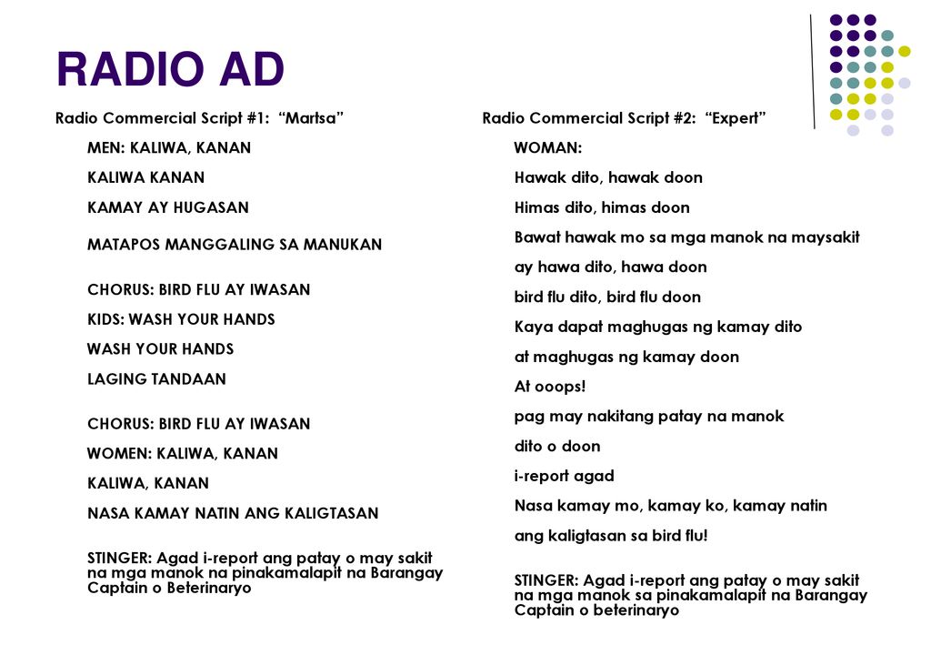 RADIO AD Radio Commercial Script #1: Martsa MEN: KALIWA, KANAN KALIWA KANAN KAMAY AY HUGASAN.