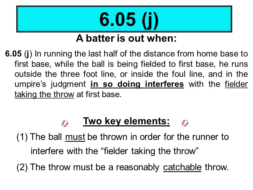 6.05 (j) A batter is out when: Two key elements: