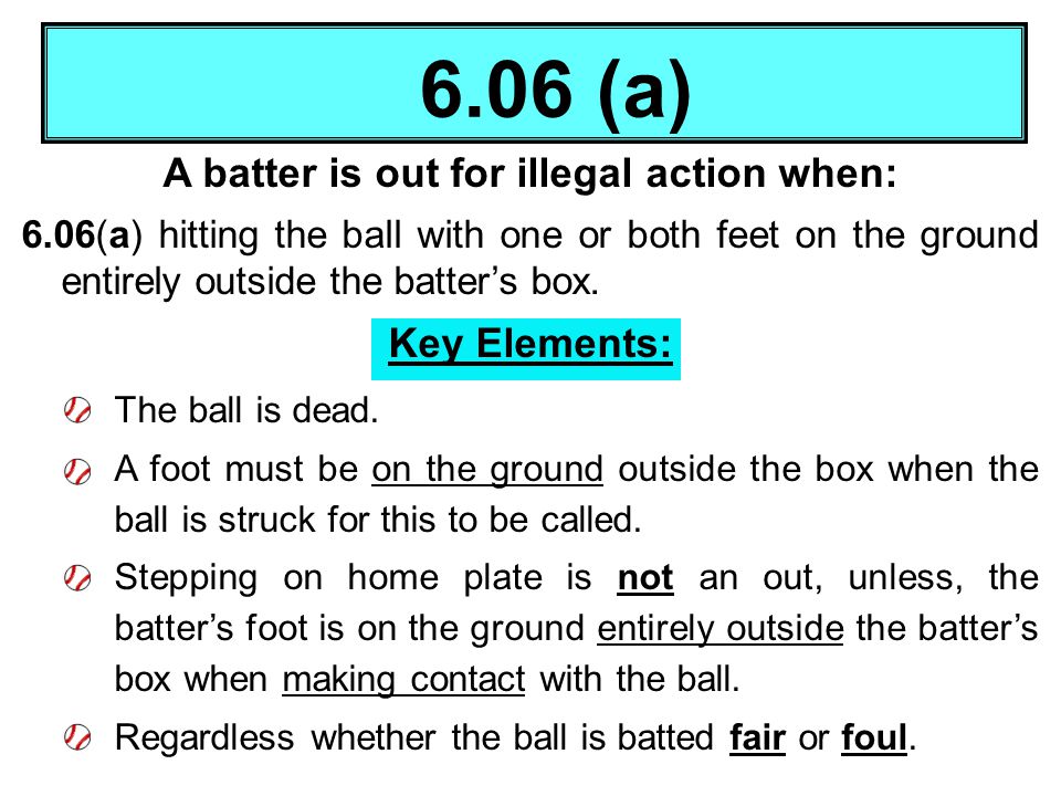 A batter is out for illegal action when: