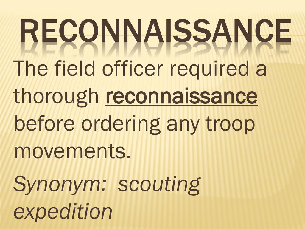 reconnaissance The field officer required a thorough reconnaissance before ordering any troop movements.