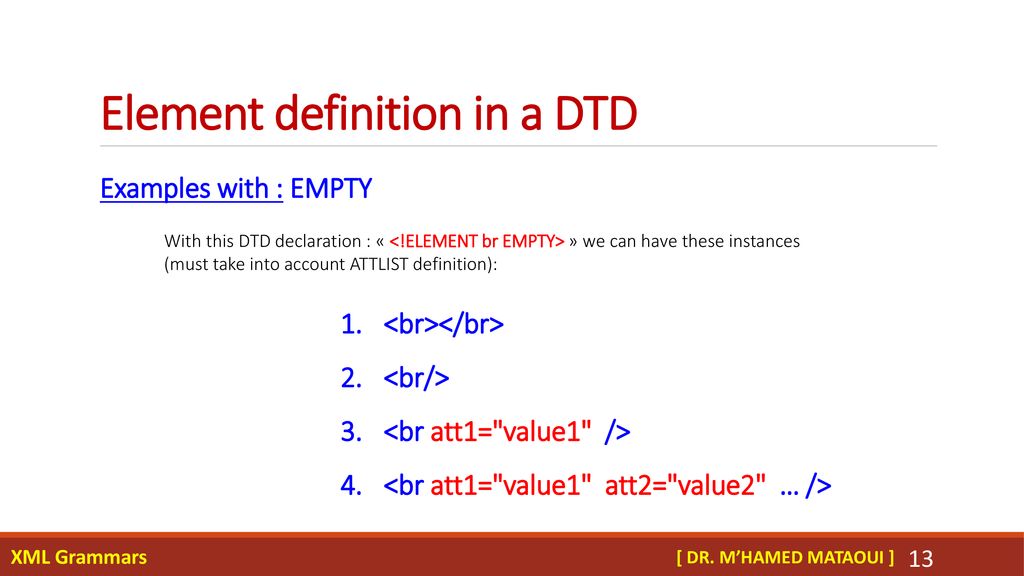 { XML Technologies } BY: DR. M’HAMED MATAOUI Chapter III: XML Grammars ...