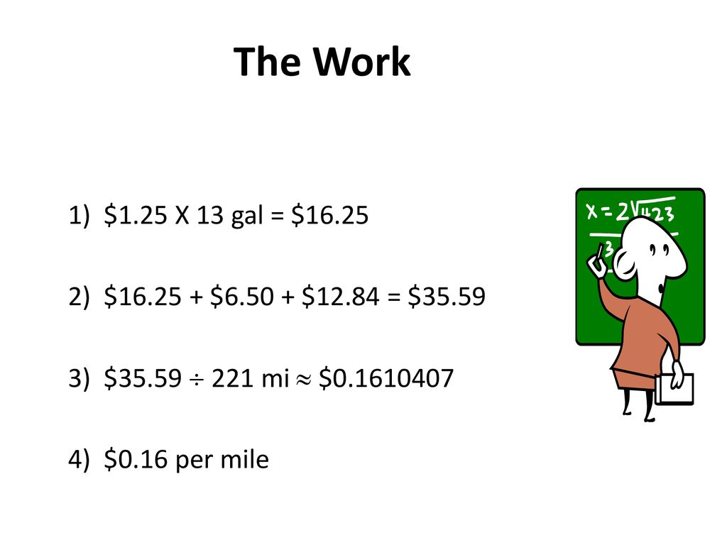 The Work 1) $1.25 X 13 gal = $ ) $ $ $12.84 = $ ) $35.59  221 mi  $