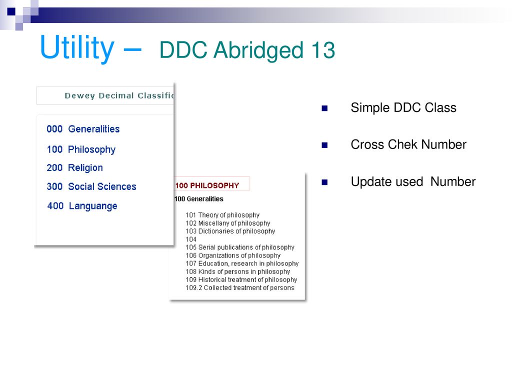 Utility – DDC Abridged 13 Simple DDC Class Cross Chek Number
