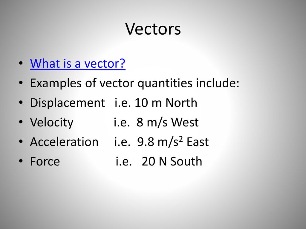 Vectors What is a vector Examples of vector quantities include: