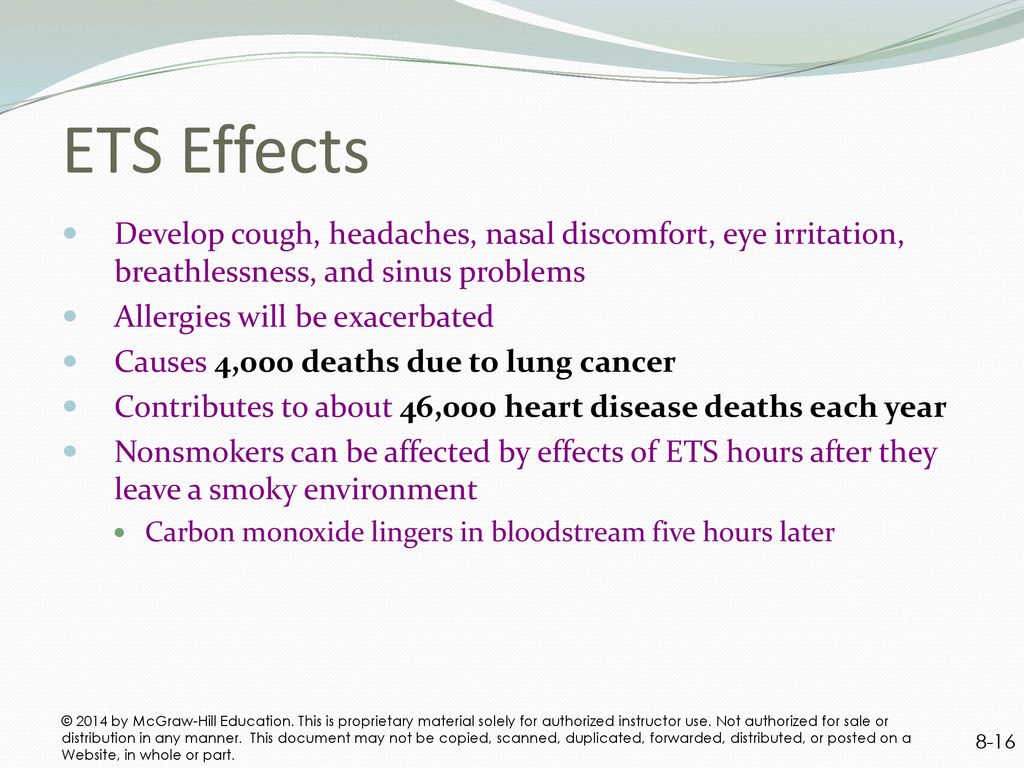 ETS Effects Develop cough, headaches, nasal discomfort, eye irritation, breathlessness, and sinus problems.