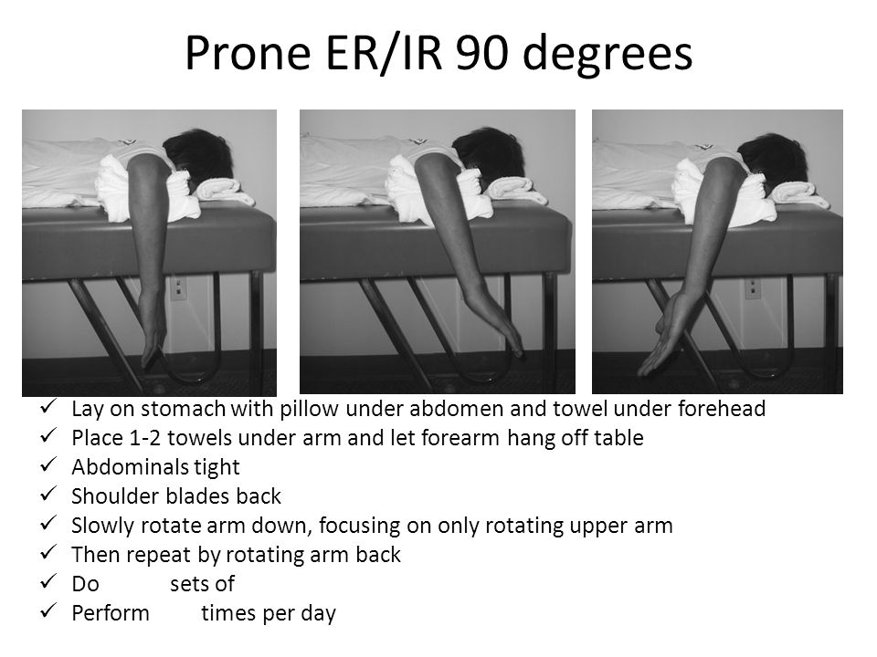 Prone ER/IR 90 degrees Lay on stomach with pillow under abdomen and towel under forehead. Place 1-2 towels under arm and let forearm hang off table.