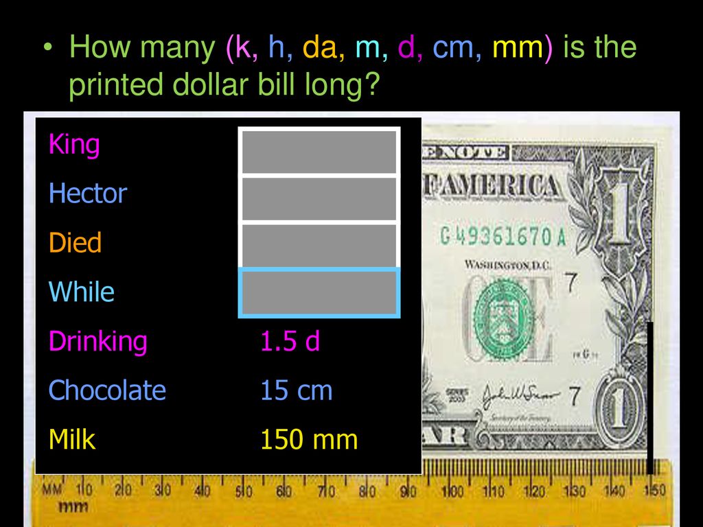 How many (k, h, da, m, d, cm, mm) is the printed dollar bill long