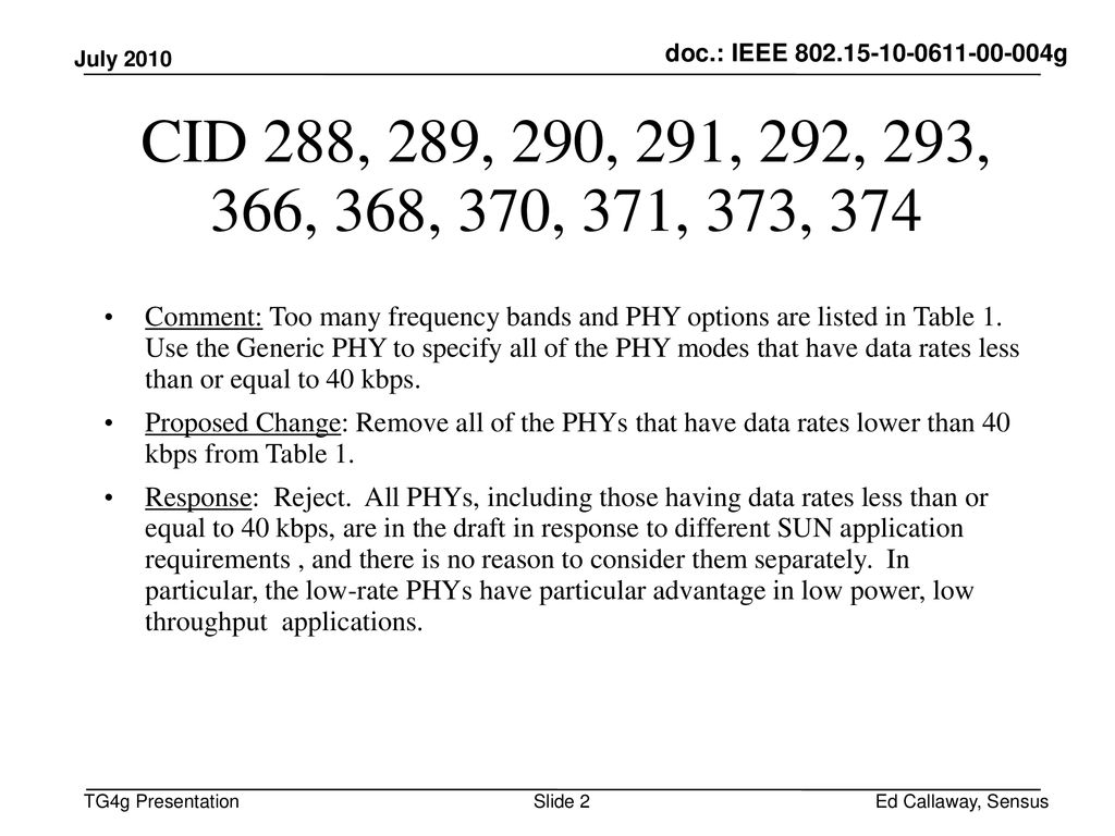 doc.: IEEE g July CID 288, 289, 290, 291, 292, 293, 366, 368, 370, 371, 373, 374.