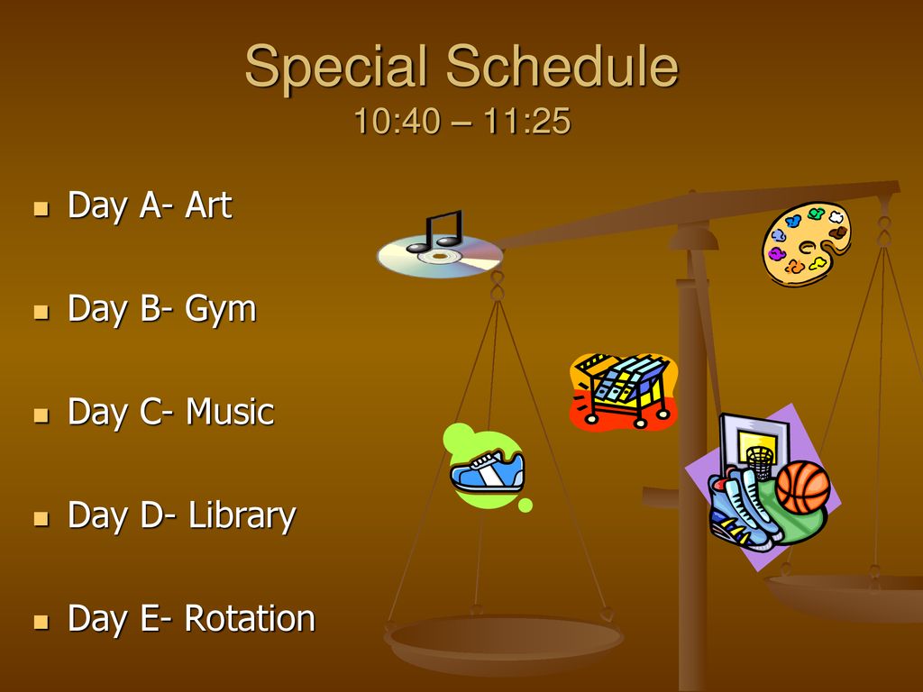 Special Schedule 10:40 – 11:25 Day A- Art Day B- Gym Day C- Music