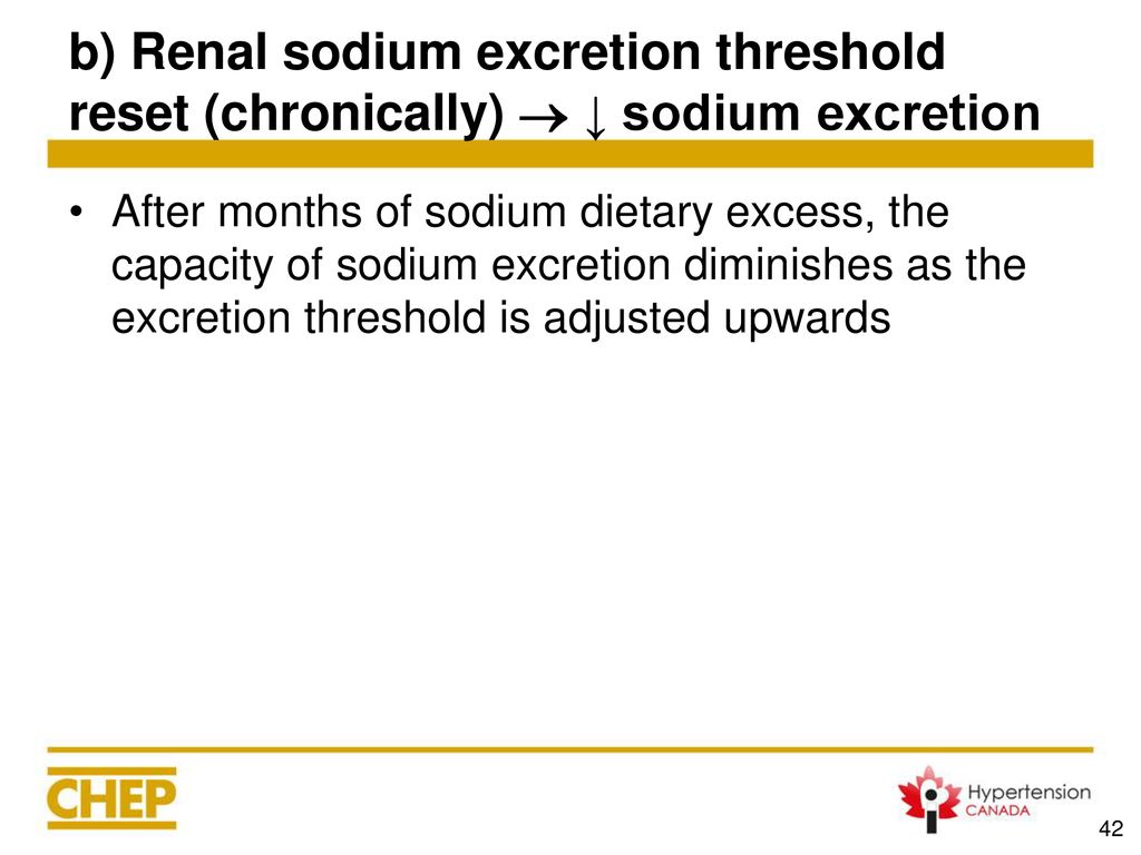 b) Renal sodium excretion threshold reset (chronically)  ↓ sodium excretion