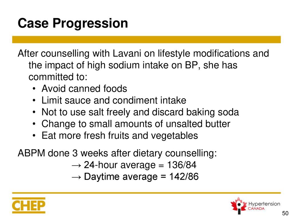 Case Progression After counselling with Lavani on lifestyle modifications and the impact of high sodium intake on BP, she has committed to: