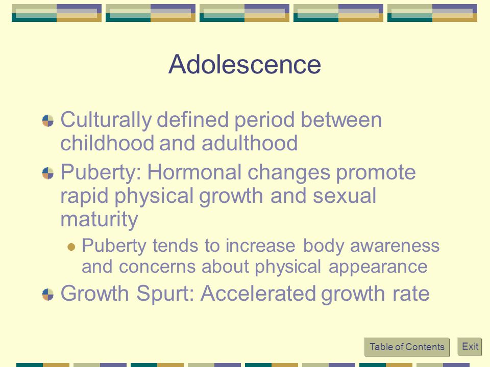 Adolescence Culturally defined period between childhood and adulthood