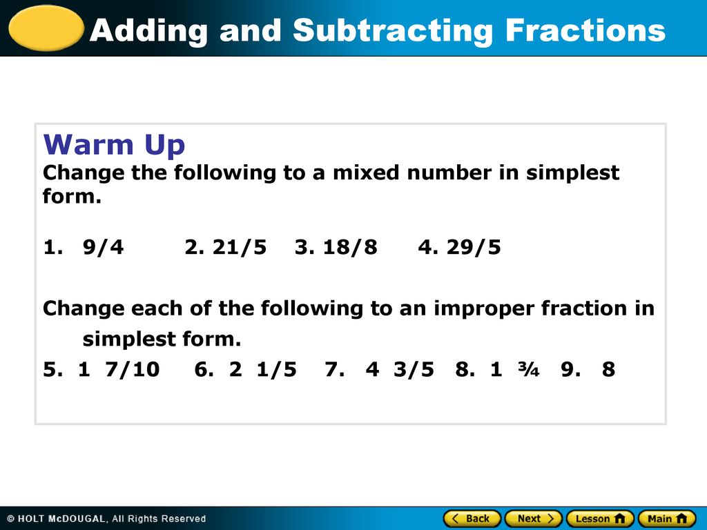 Warm up change the following to a mixed number in simplest form ppt