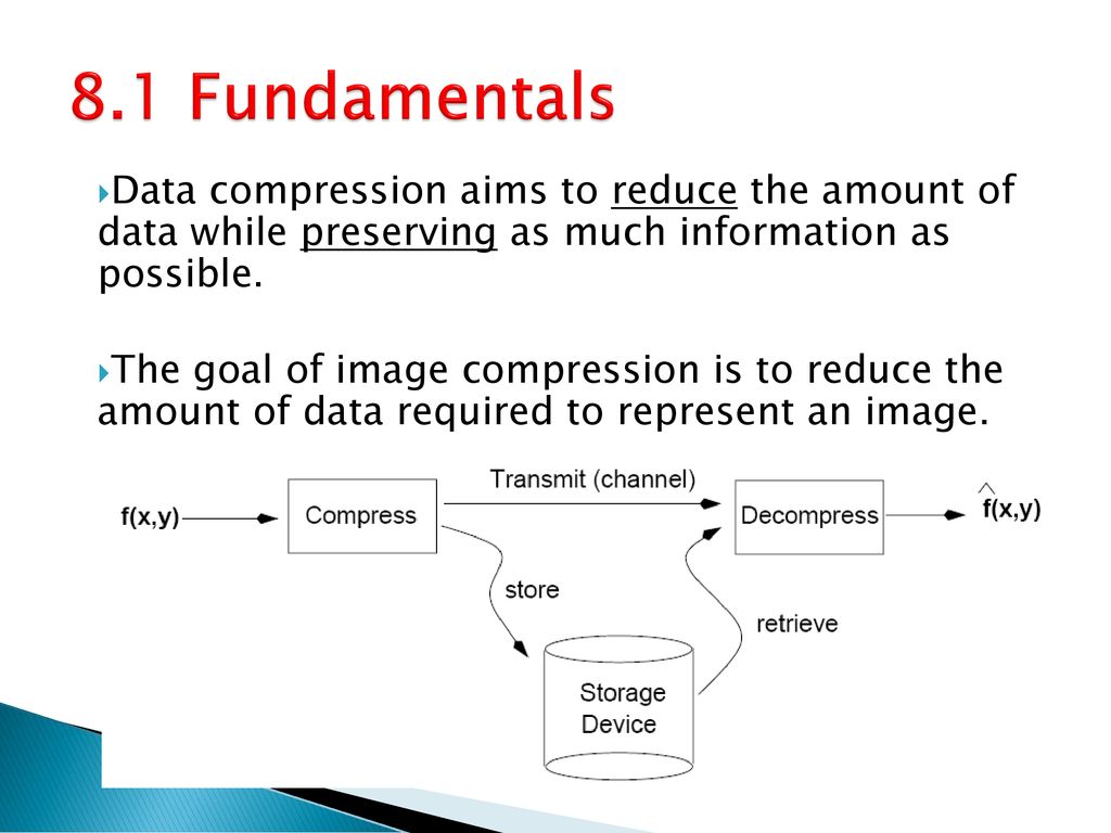 8.1 Fundamentals Data compression aims to reduce the amount of data while preserving as much information as possible.
