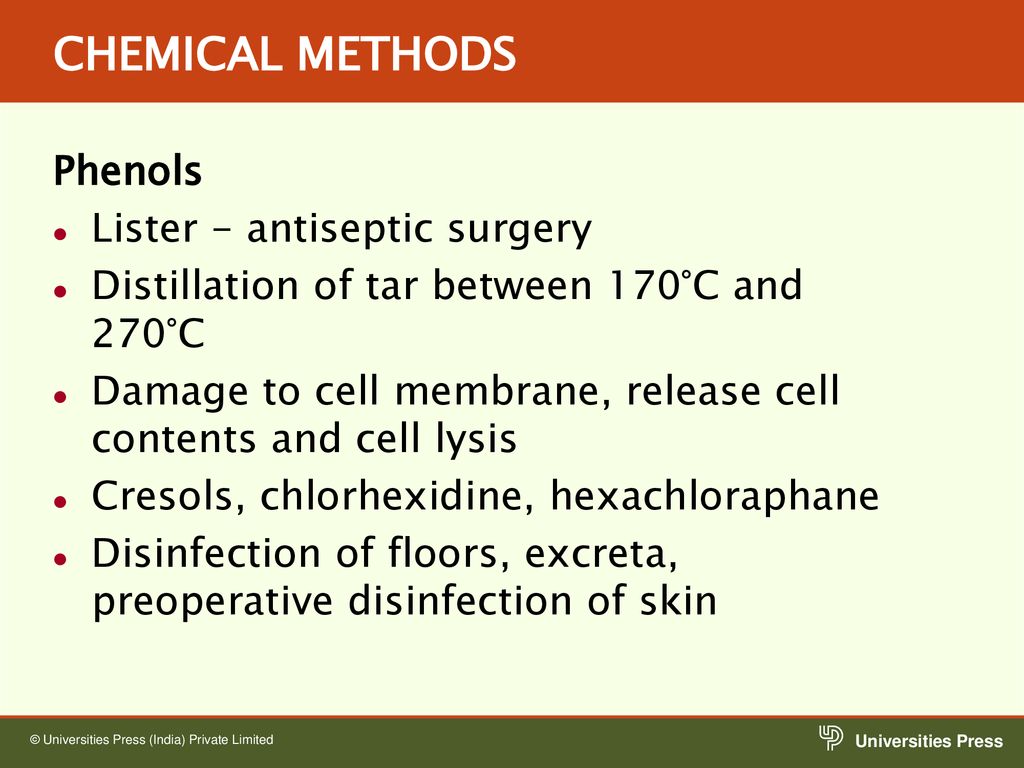 CHEMICAL METHODS Phenols Lister - antiseptic surgery