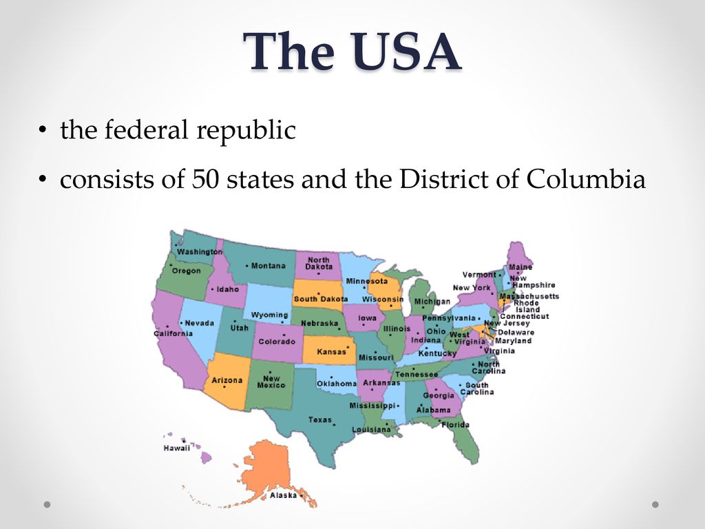Where is this country. The USA is a Federal Republic. The USA consists of ... States and ... Federal Districts. The USA is a Federal of independent States. Federalism in the USA.