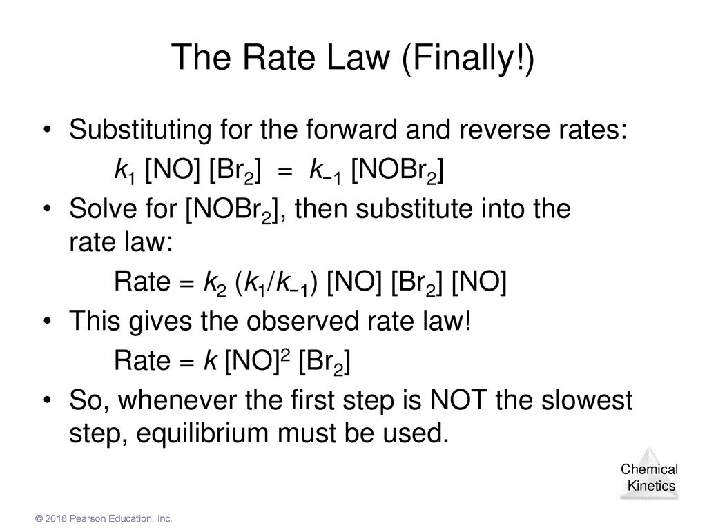 The Rate Law (Finally!) Substituting for the forward and reverse rates: k1 [NO] [Br2] = k−1 [NOBr2]
