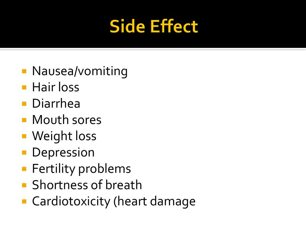 Side Effect Nausea/vomiting Hair loss Diarrhea Mouth sores Weight loss