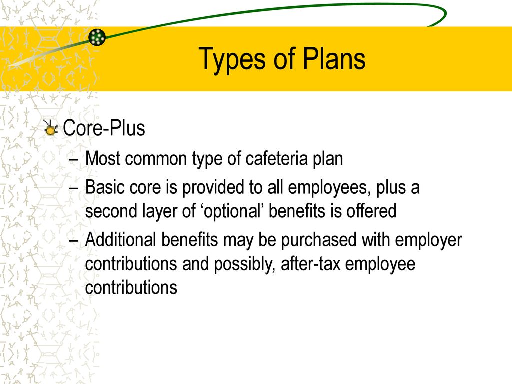 Types of Plans Core-Plus Most common type of cafeteria plan