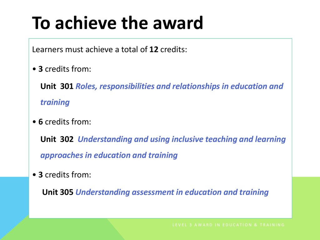Education and Training, Level 3 Award