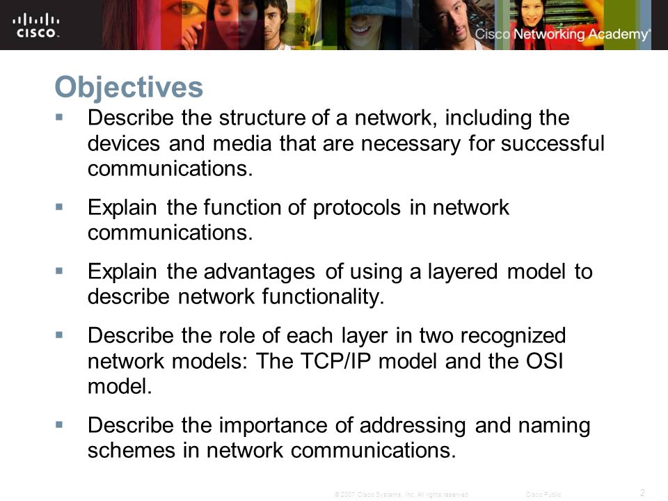 Objectives Describe the structure of a network, including the devices and media that are necessary for successful communications.